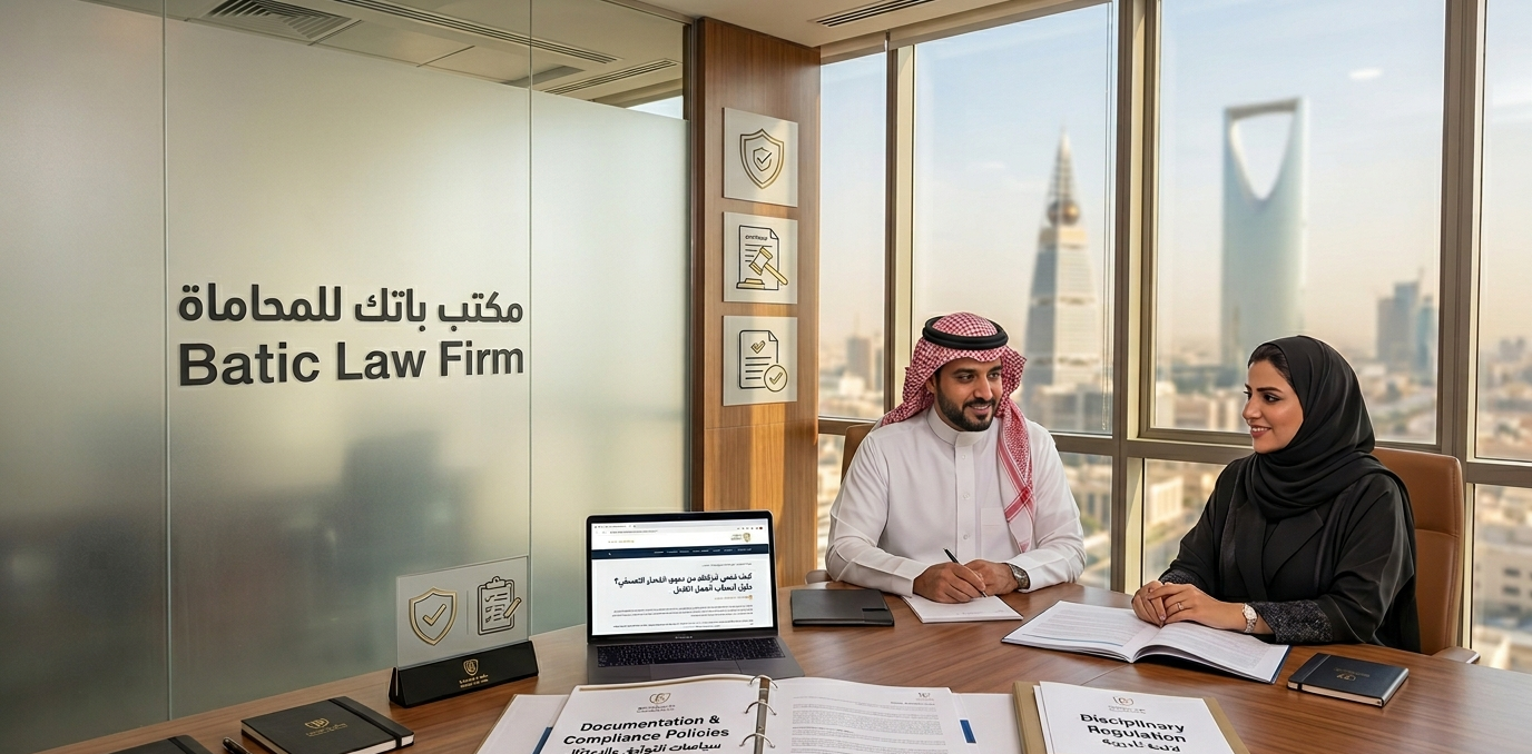 صورة فوتوغرافية احترافية من مكتب باتك للمحاماة في الرياض، تظهر محاميين سعوديين (رجل بزي تقليدي وامرأة بعباءة) يراجعان مجلدات تأديبية حول حماية الشركات من دعاوى الفصل التعسفي. شعار مكتب باتك للمحاماة بوضوح على جدار زجاجي. شاشة كمبيوتر محمول تعرض عنوان مقال 'كيف تحمي شركتك من دعوى الفصل التعسفي؟