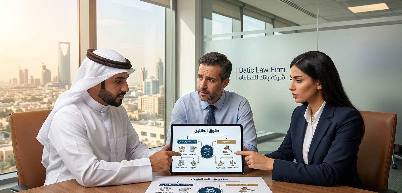 صورة احترافية لمناقشة قانونية داخل مكتب 'باتك للمحاماة' بين محامين وموكل (دائن)، حيث يشرح المحامي على جهاز لوحي حقوق الدائنين الإجرائية في حالات التعثر المالي وإجراءات الإفلاس (إعادة التنظيم والتصفية)، مع وثائق تدعم المطالبات والاعتراضات على الطاولة
