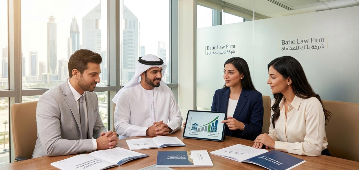 صورة فوتوغرافية احترافية لمناقشة استراتيجية حول قانون الخصخصة وفرص الاستثمار بين محامين من مكتب 'باتك للمحاماة' ومستثمرين في مكتب حديث يطل على مدينة خليجية