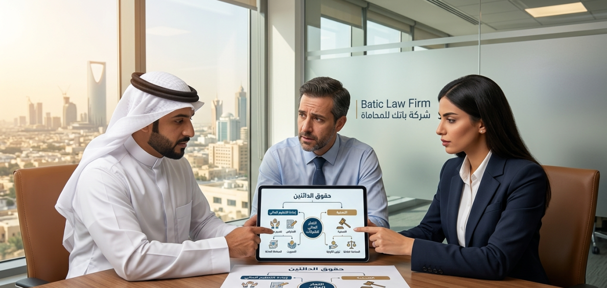 صورة احترافية لمناقشة قانونية داخل مكتب 'باتك للمحاماة' بين محامين وموكل (دائن)، حيث يشرح المحامي على جهاز لوحي حقوق الدائنين الإجرائية في حالات التعثر المالي وإجراءات الإفلاس (إعادة التنظيم والتصفية)، مع وثائق تدعم المطالبات والاعتراضات على الطاولة