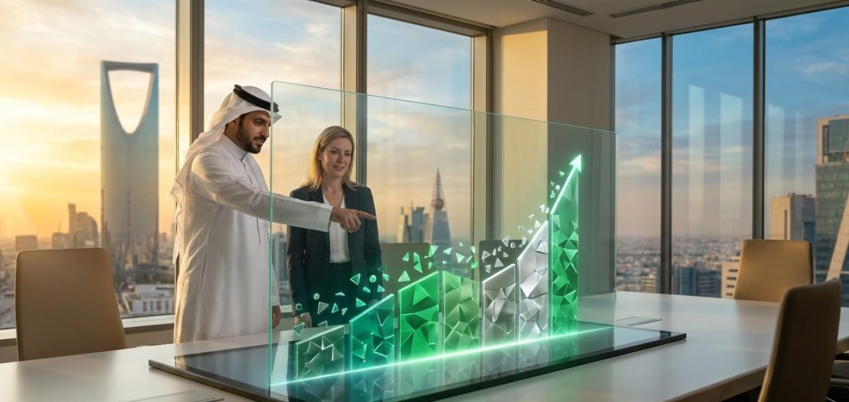 A successful business team in Riyadh achieving Platinum Nitaqat classification, pointing to a green and silver digital display symbolizing workforce localization success